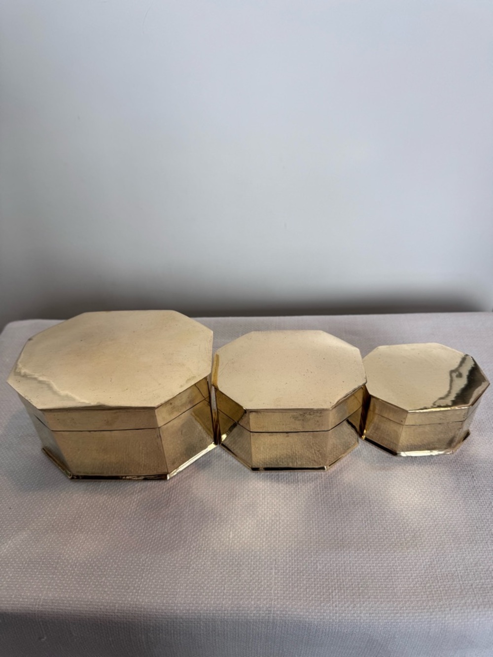 Vintage set of three brass hexagonal nesting trinket boxes